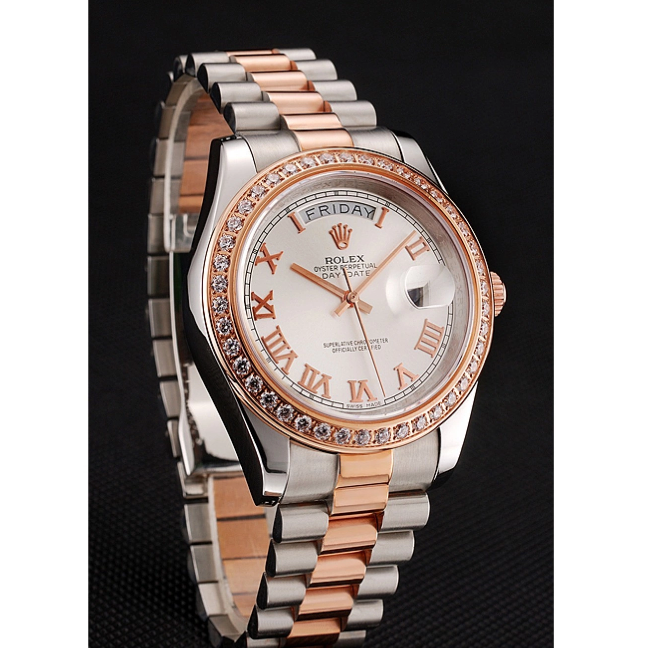AAA Replica Watches Gold White Staineless Rose Swiss 1454108 Rolex Bezel Day-Date Dial Diamonds Steel Bracelet And 0731